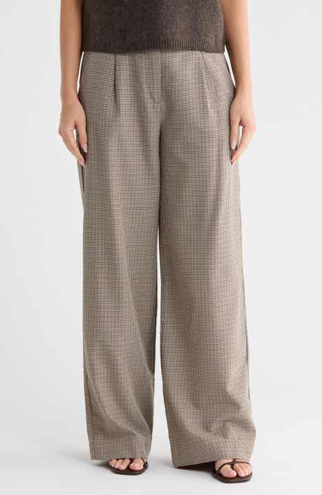 Plaid Pleat Front Wide Leg Trousers