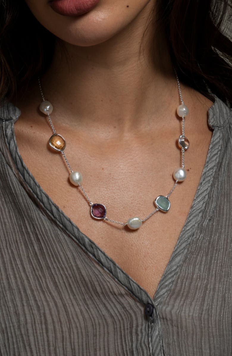 Dower & Hall Candy Gemstone & Baroque Pearl Pebble Necklace, Alternate, color, Sterling Silver