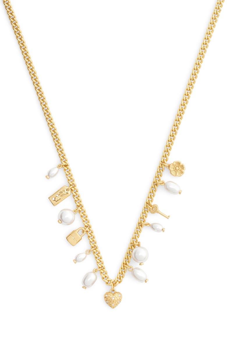 COACH Iconic Faux Pearl Charm Necklace, Alternate, color, Pearl/ Gold