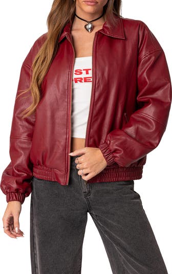 Dark red fashion faux leather jacket