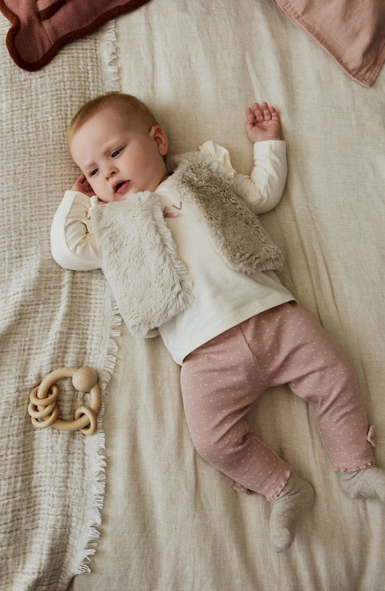 NEXT Ruffle Top, Faux Fur Vest & Bow Leggings Set, Alternate, color, Pink