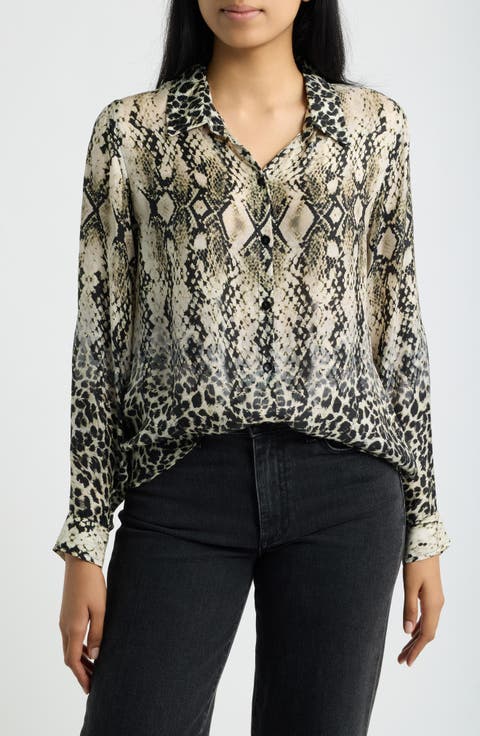 Snake Print Roll-Up Sleeve Cupro Shirt