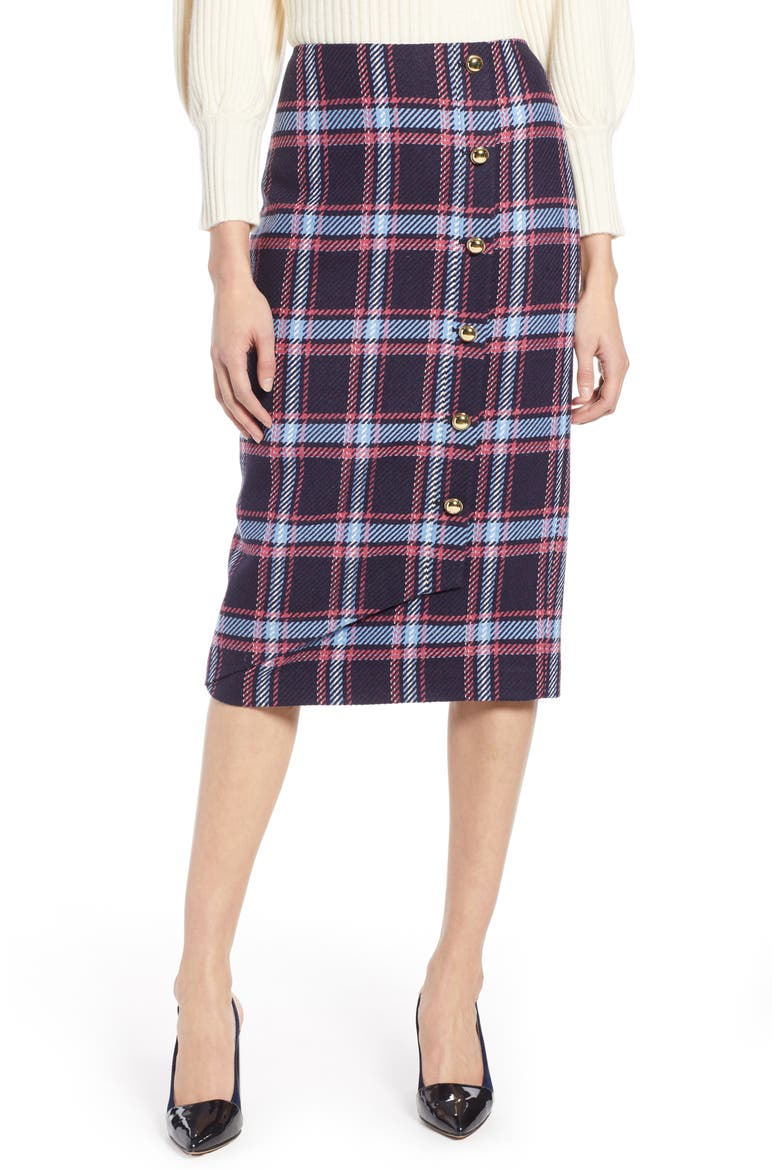 x Atlantic-Pacific Plaid Wrap Pencil Skirt, Main, color, NAVY PLAID