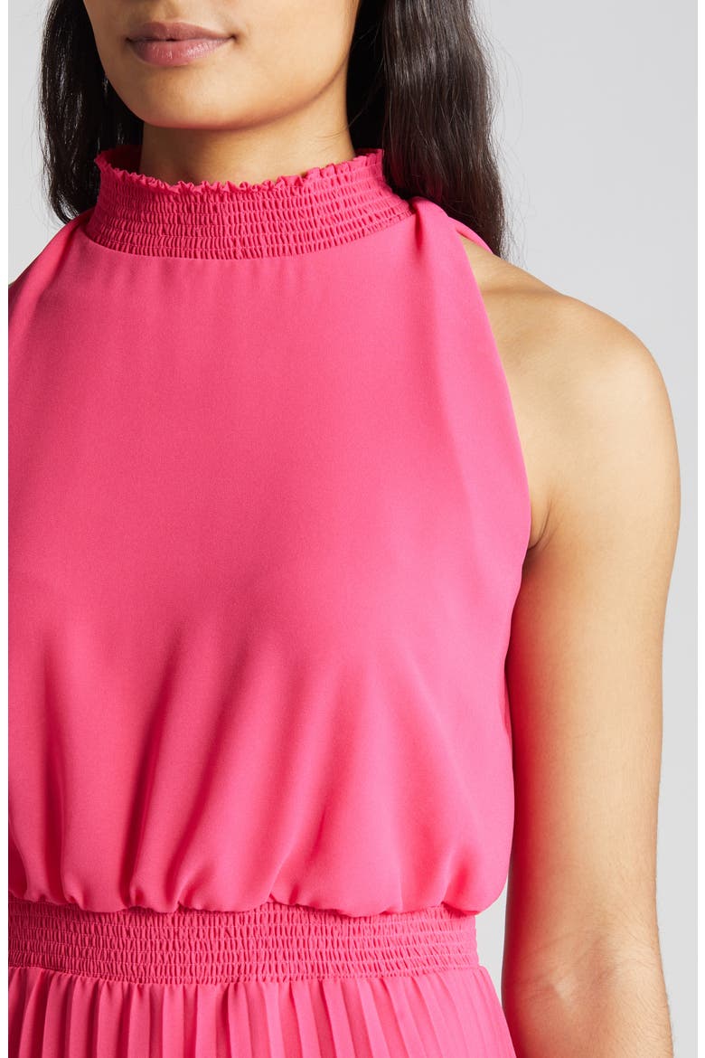 Smocked Plissé Midi Dress, Alternate, color, HOT PINK