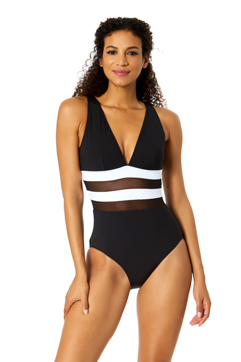 Women's Gabor Mesh Plunge Front Colorblock Mesh One Piece Swimsuit