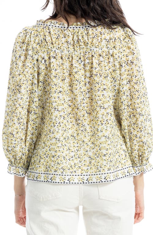 Max Studio Floral Three-quarter Bubble Sleeve Top In Ivory/yellow