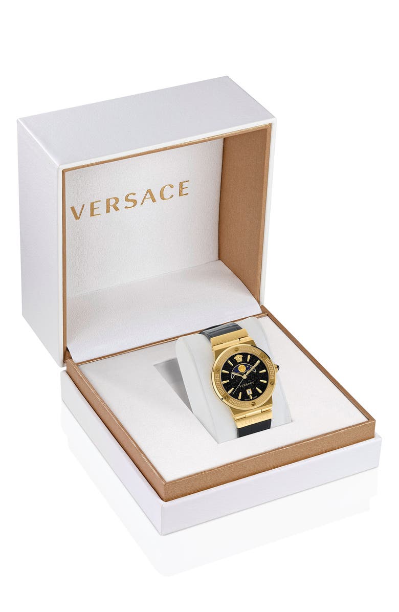 Versace Greca Logo Leather Strap Watch, 38mm, Alternate, color, 