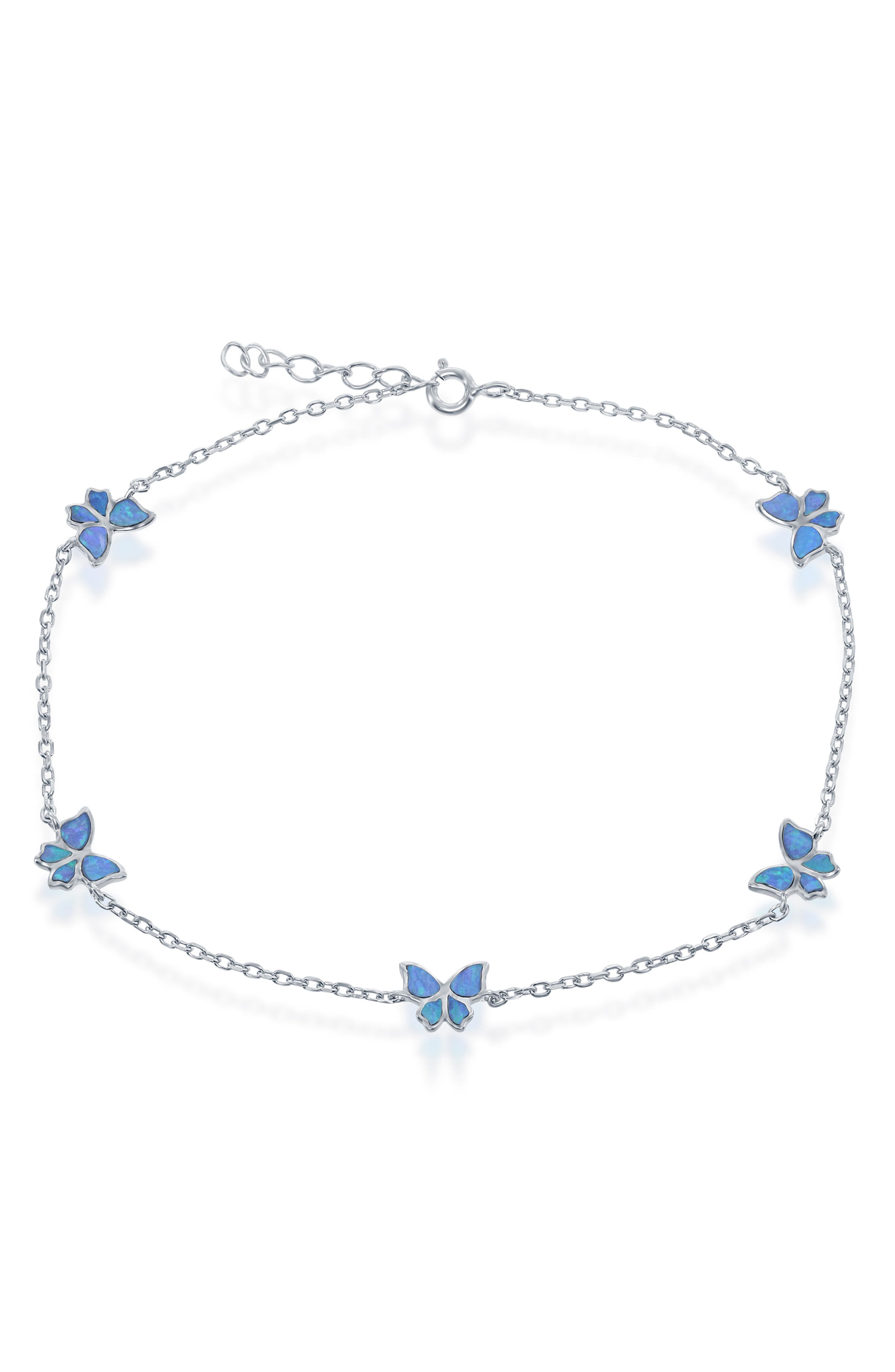 SIMONA Sterling Silver Blue Created Opal Butterfly Charm Anklet