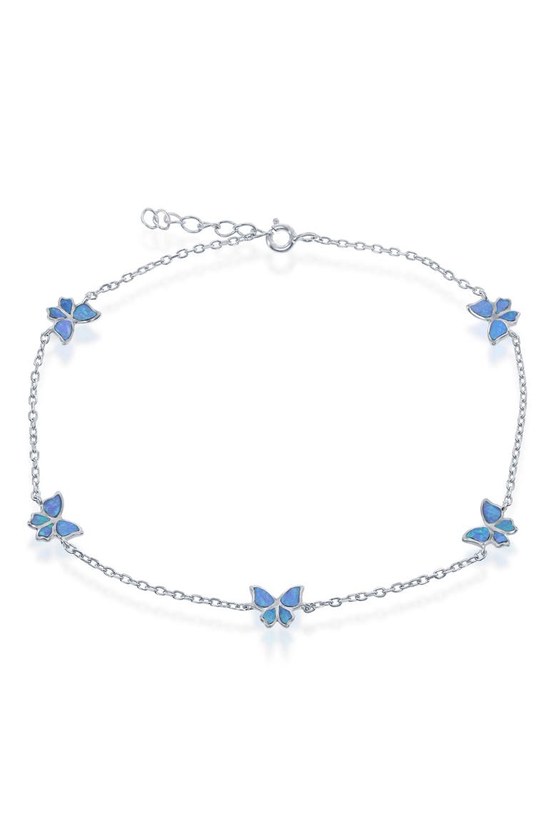 Sterling Silver Blue Created Opal Butterfly Charm Anklet, Main, color, BLUE
