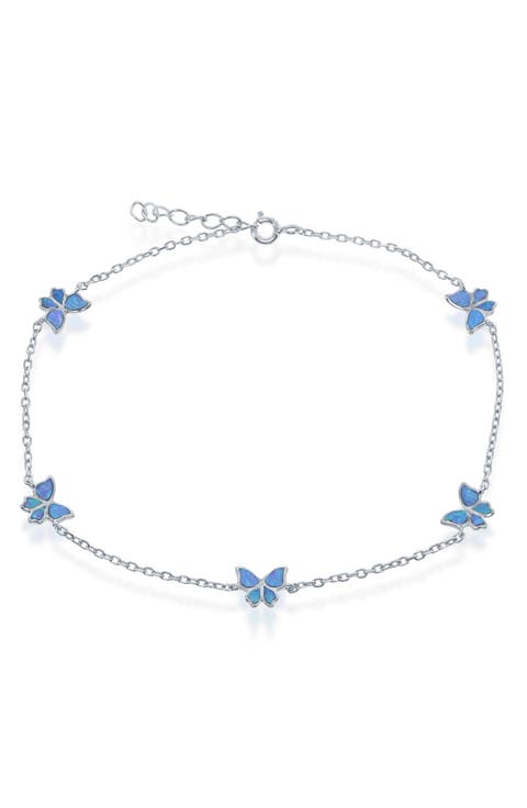 Sterling Silver Blue Created Opal Butterfly Charm Anklet