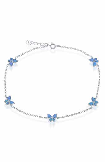 SIMONA Sterling Silver Blue Created Opal Butterfly Charm Anklet