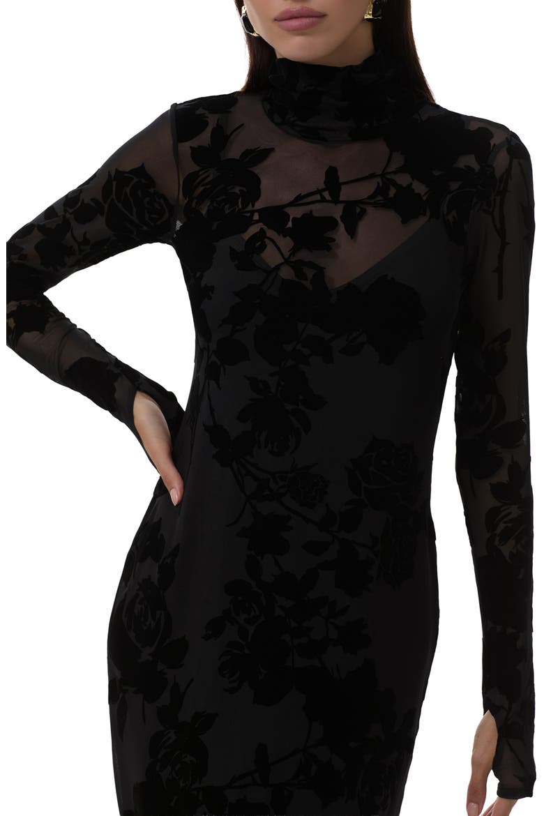 Shailene Flocked Long Sleeve Mesh Midi Dress, Alternate, color, NOIR