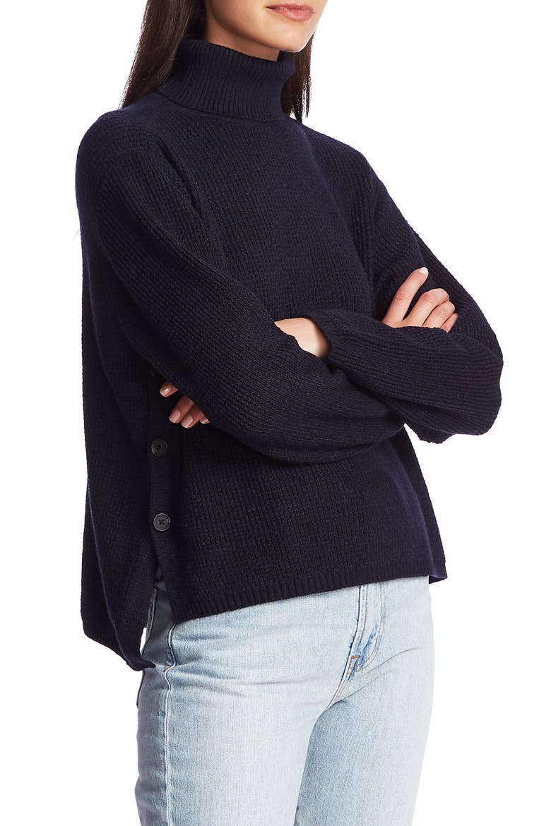 Side Button Waffle Weave Turtleneck Sweater, Main, color, BLUE NIGHT