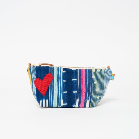 Large Convertible Pouch with Strap - Baule Cloth with Beaded Red Heart
