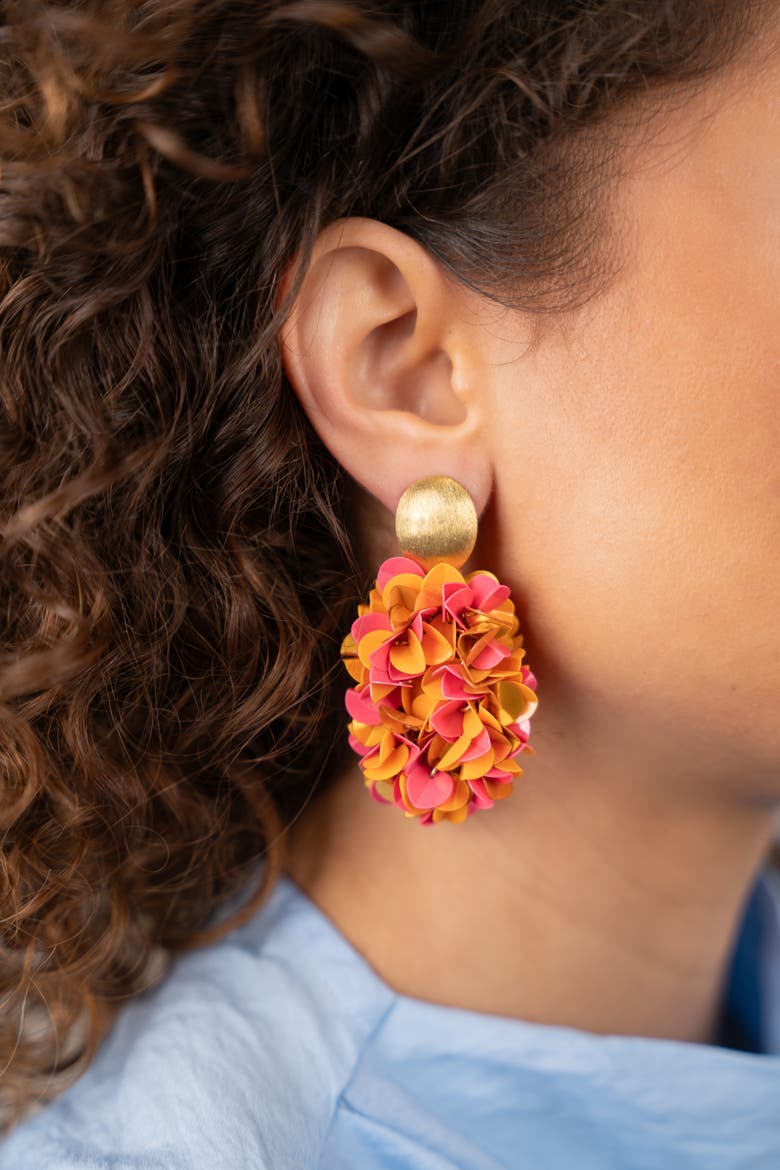 Sequin Flower Creole Statement Earrings in Sunset Mix, Alternate, color, Sunset Mix