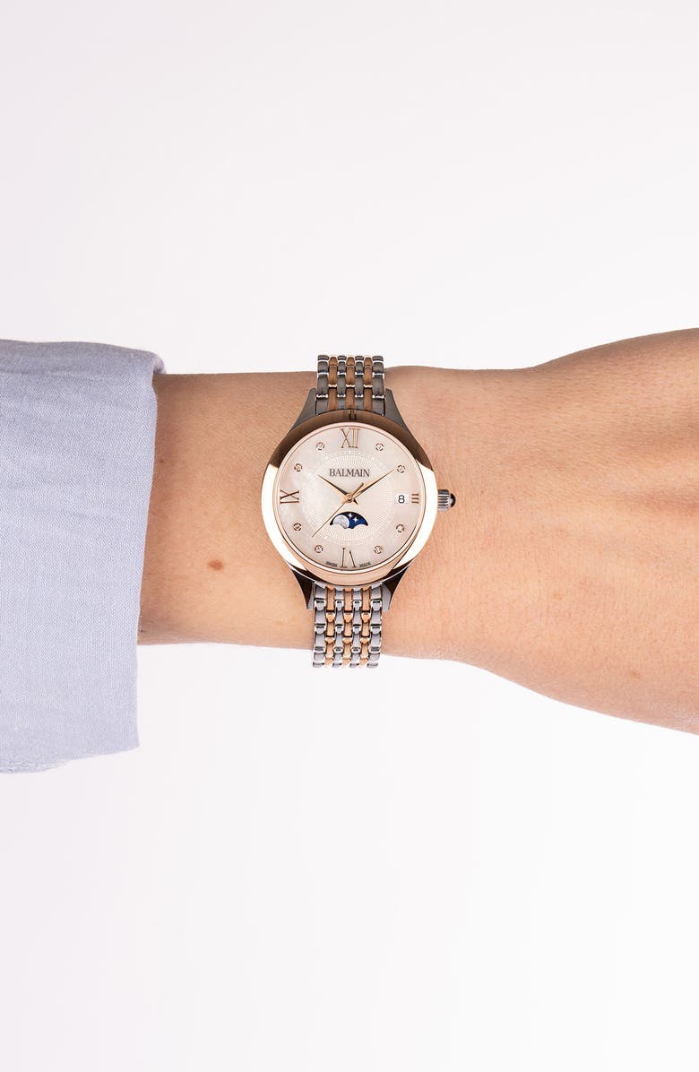 BALMAIN WATCHES Mother-of-Pearl Diamond Moon Phase Bracelet Watch, 31mm, Alternate, color, 