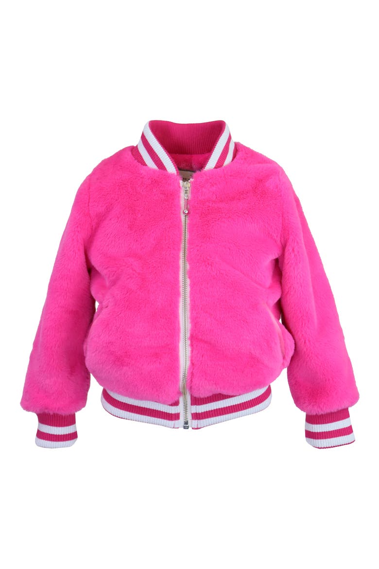 Faux Fur Zip Front Varsity Jacket, Main, color, HOT PINK PUFF