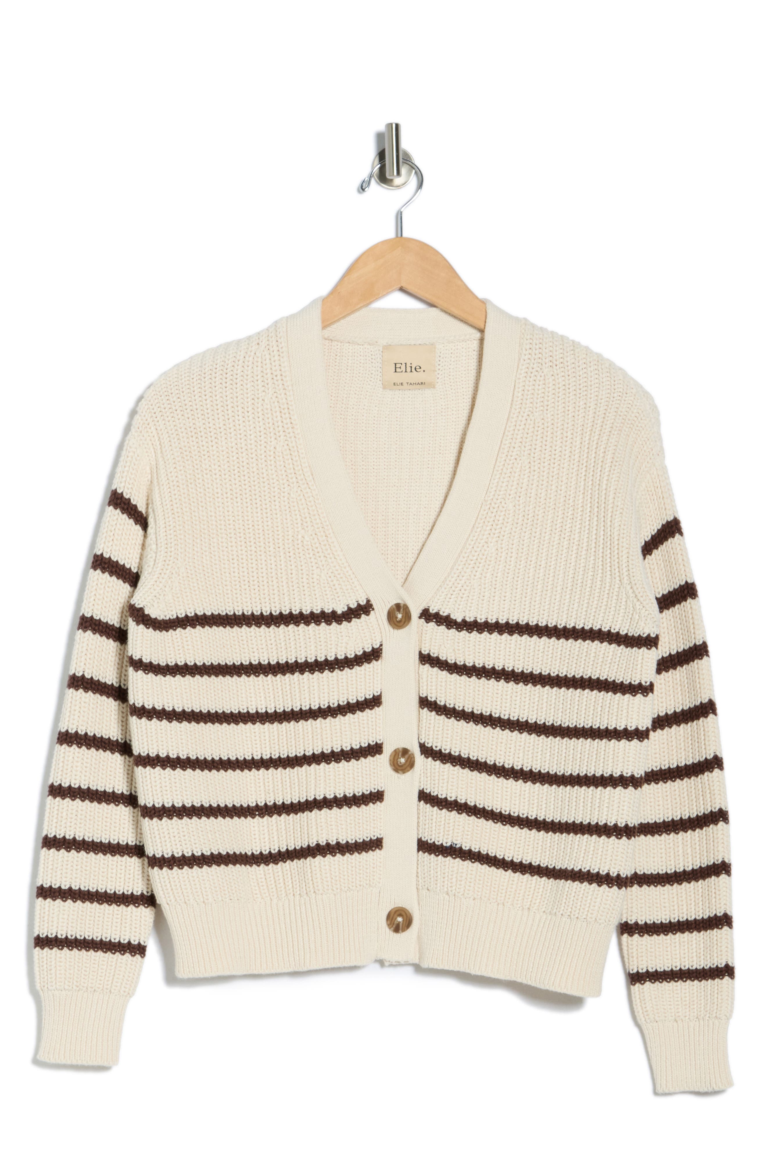 ELIE ELIE TAHARI Stripe V-Neck Cotton Cardigan