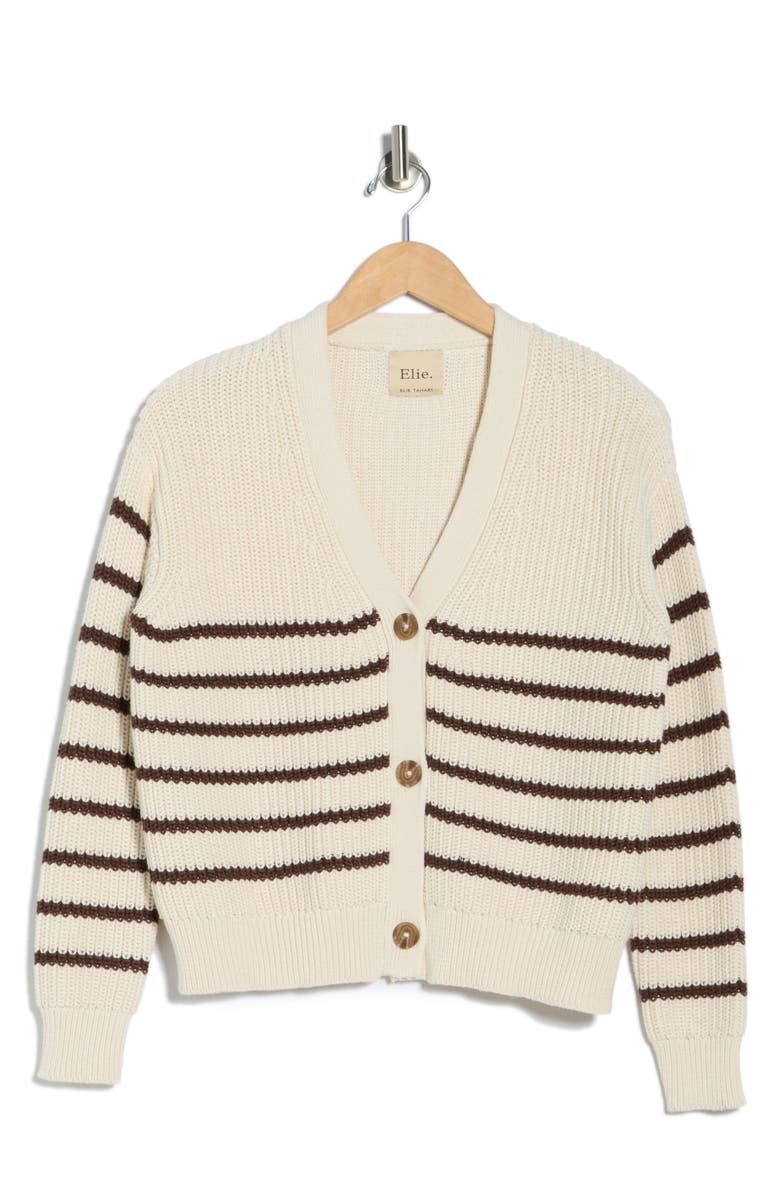 ELIE ELIE TAHARI Stripe V-Neck Cotton Cardigan, Alternate, color, Cream/ Cocoa Bean