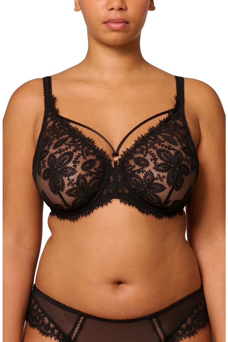 Embroidered Underwire Strappy Full Cup Plunge Bra, Alternate, color, BLACK