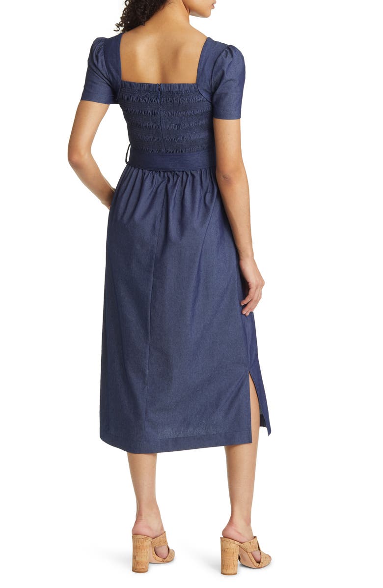 Tahari ASL Smocked Bodice Denim Midi Dress, Alternate, color, 