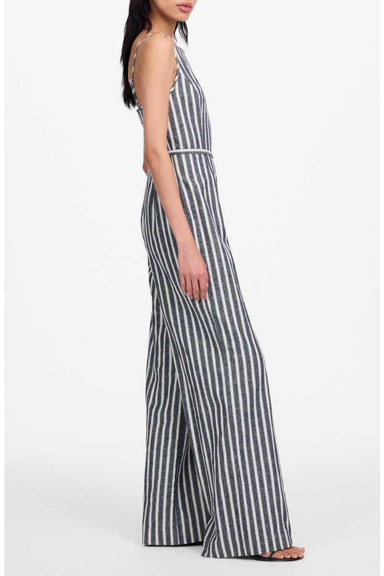 Pinstripe Pleated Linen & Cotton Wide Leg Jumpsuit, Alternate, color, NAVY WHITE STRIPE