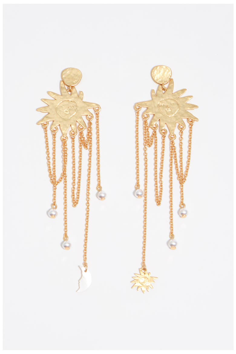 Sun Earrings With Brushed Chains, Main, color, GOLD