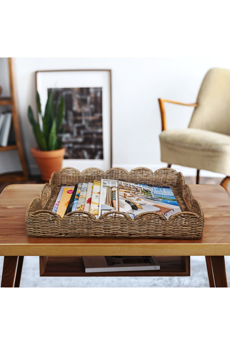 Scalloped 21.5" Southwestern Cottage Hand-Woven Rattan Tray with Handles, Natural, Alternate, color, Natural