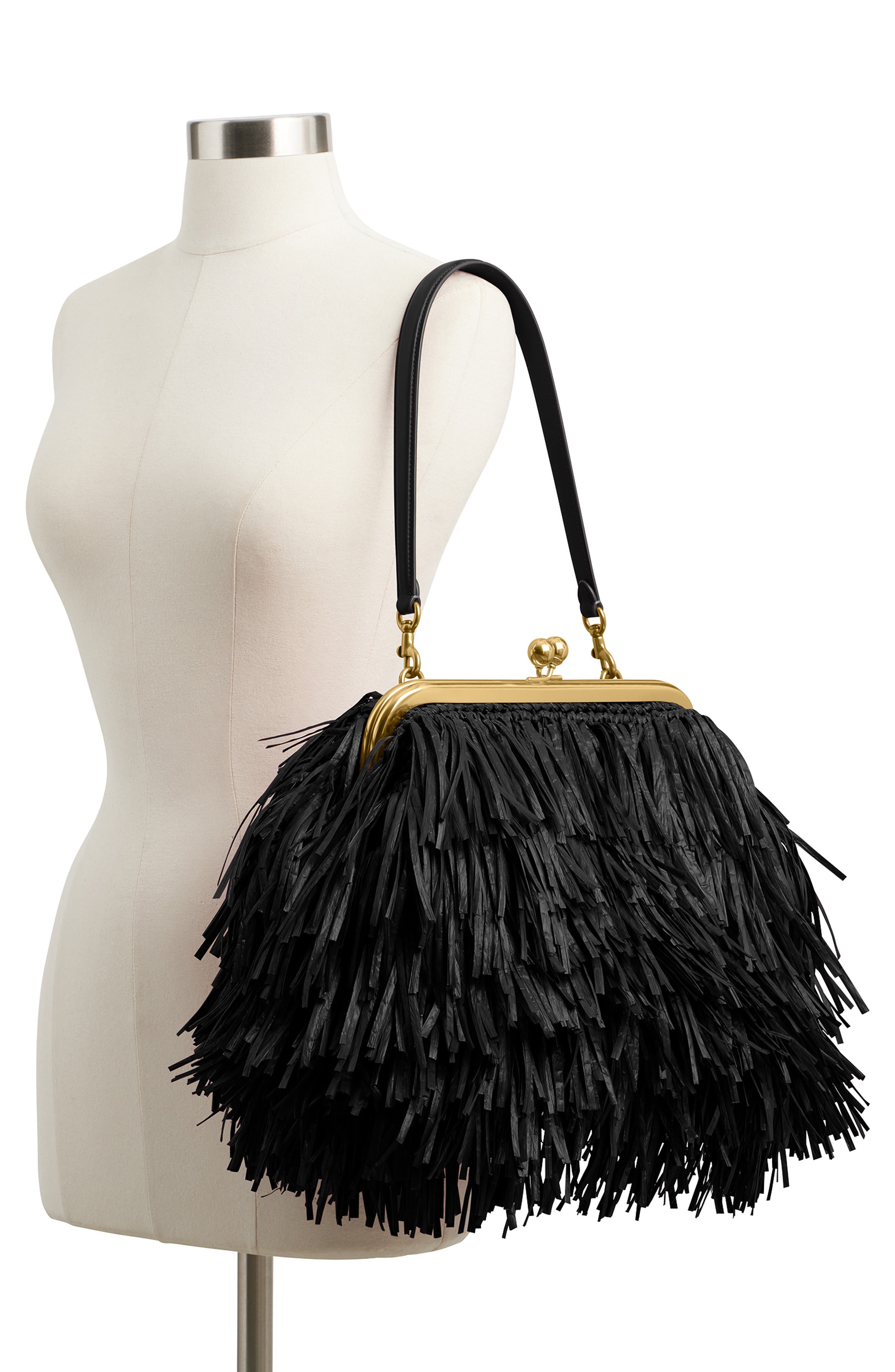 COACH Kisslock Fringe Straw Frame Bag, Alternate, color, B4/ Black