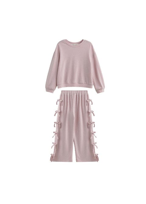 Emma Long Sleeve Textured Bow Tie Trim Top And Pant Set