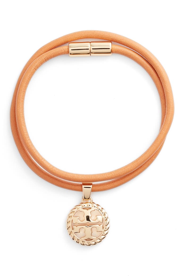Rope Logo Leather Wrap Bracelet, Main, color, TORY GOLD / VACHETTA