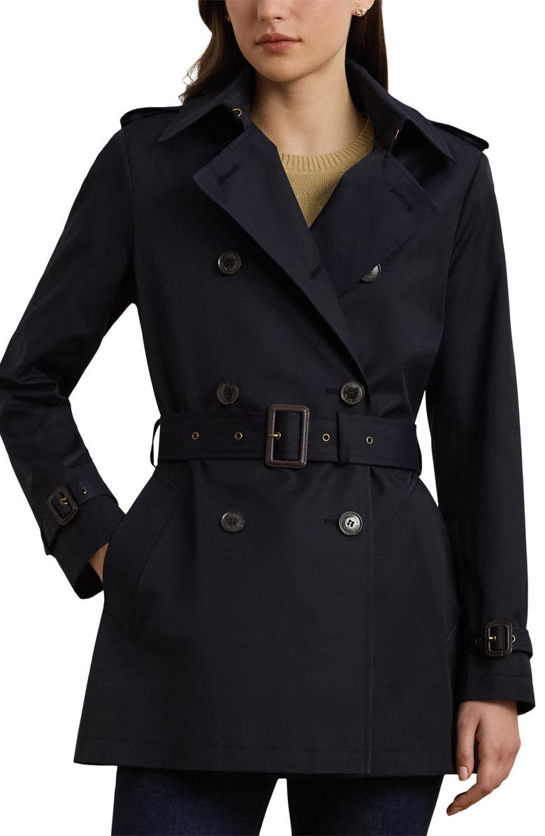 Lauren Ralph Lauren Short Double Breasted Trench Coat, Main, color, Dark Navy