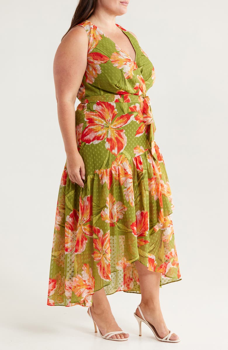 Anne Klein Floral Clip Dot High-Low Faux Wrap Dress, Alternate, color, 