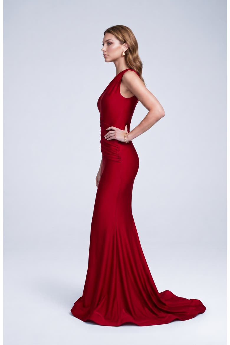 One Shoulder Ruched Mermaid Evening Gown, Alternate, color, Red