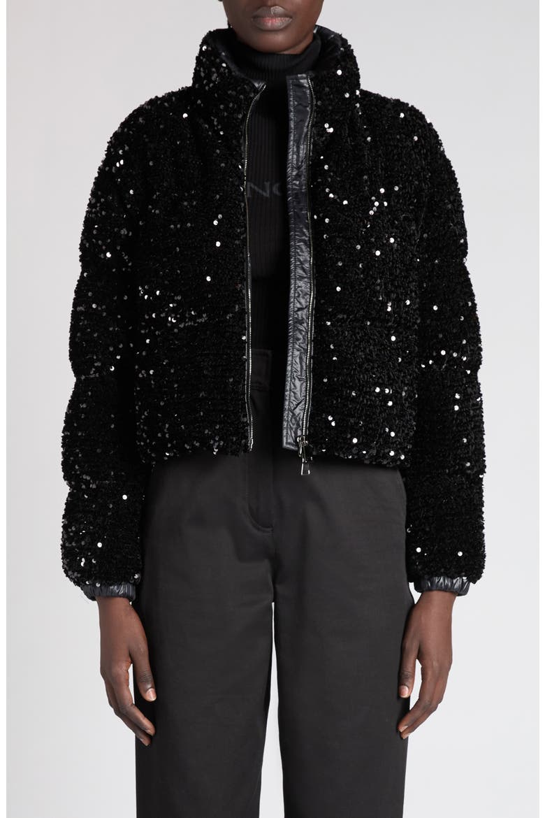 Louvi Sequin Faux Shearling Down Jacket, Main, color, BLACK