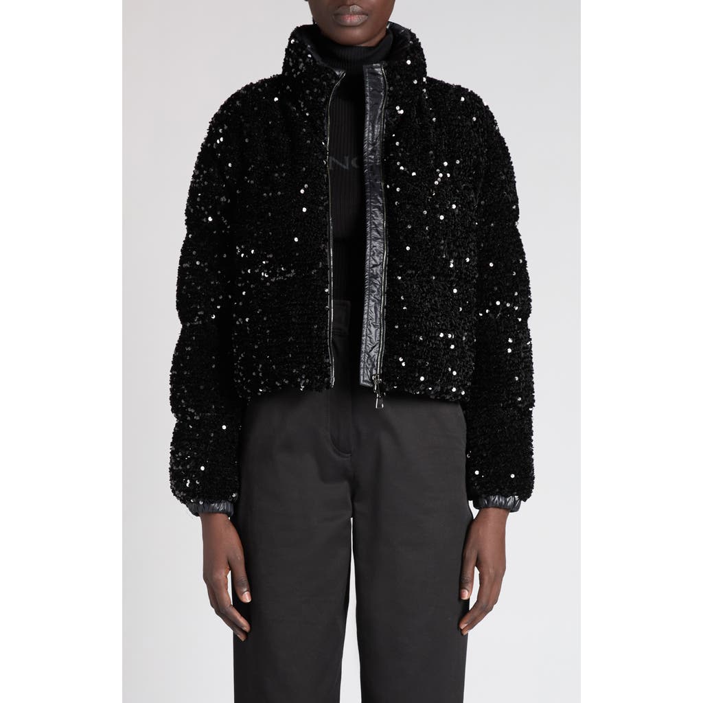 Moncler Louvi Sequin Faux Shearling Down Jacket In Black