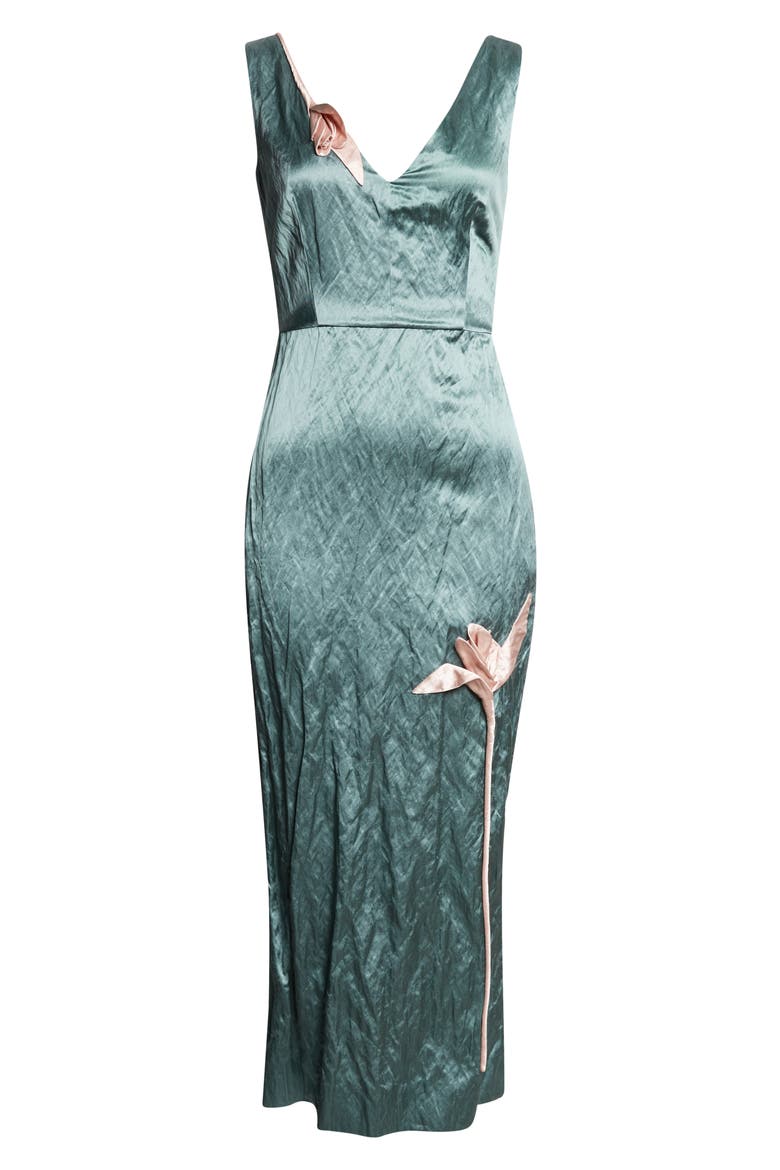 Tulip Appliqué Crinkled Metallic Satin Gown, Alternate, color, EAU DE NIL