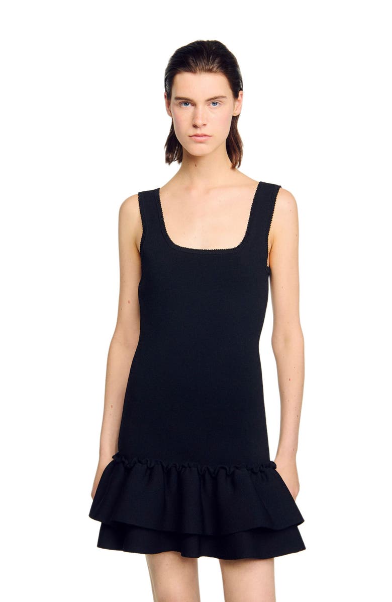 SANDRO Mini knit dress with ruffles, Alternate, color, Black
