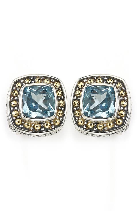 Sterling Silver & 18K Gold Semiprecious Stone Cushion Stud Earrings