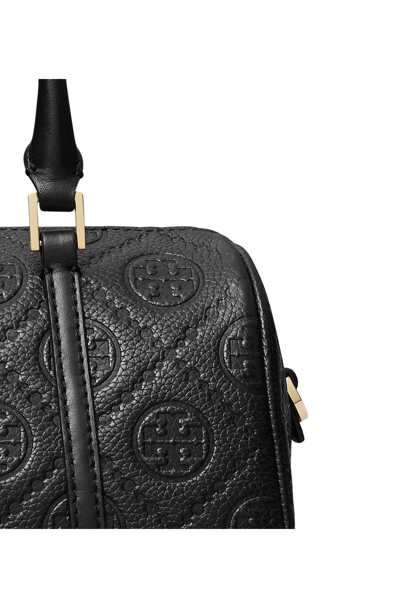 Tory Burch Mini T Monogram Leather Barrel Bag, Alternate, color, Black