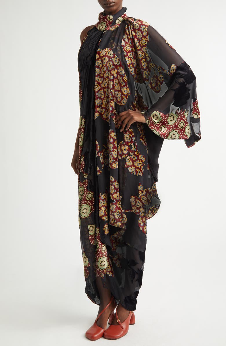Dries Van Noten Dingo Draped Asymmetric Velvet & Silk Devoré Midi Dress, Alternate, color, Black