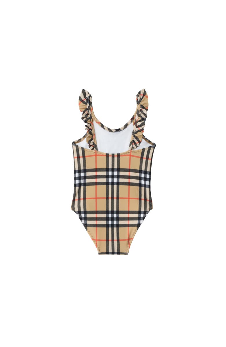 Burberry Ruffle Trim Check Swimsuit, Alternate, color, Sand Beige