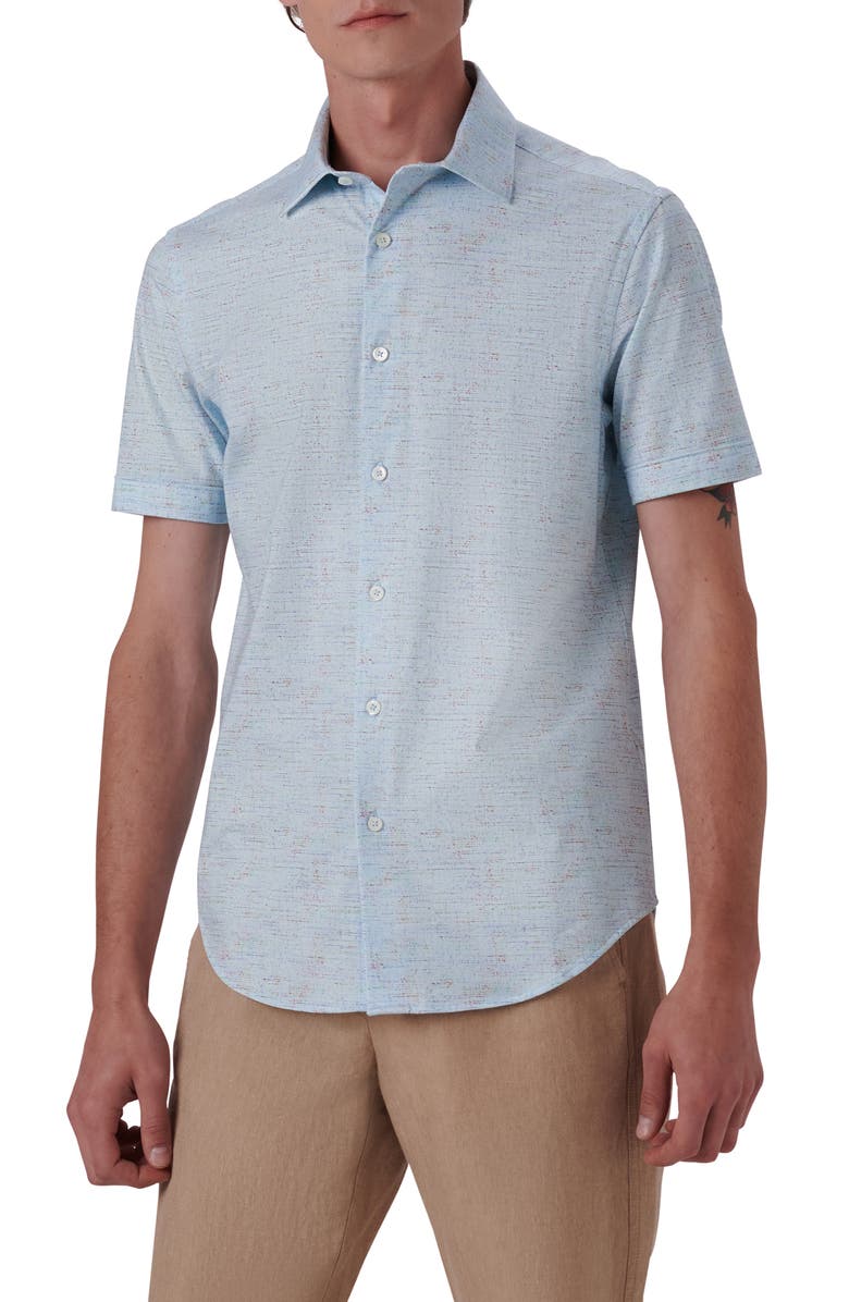 Bugatchi OoohCotton<sup>®</sup> Short Sleeve Button-Up Shirt, Main, color, Aqua