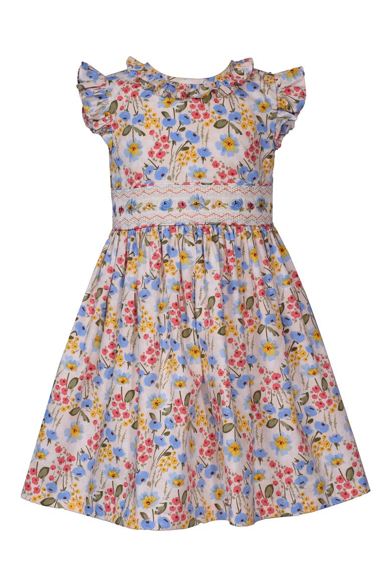 Kids' Floral Smocked Party Dress, Main, color, IVORY/ FLORAL MULTI