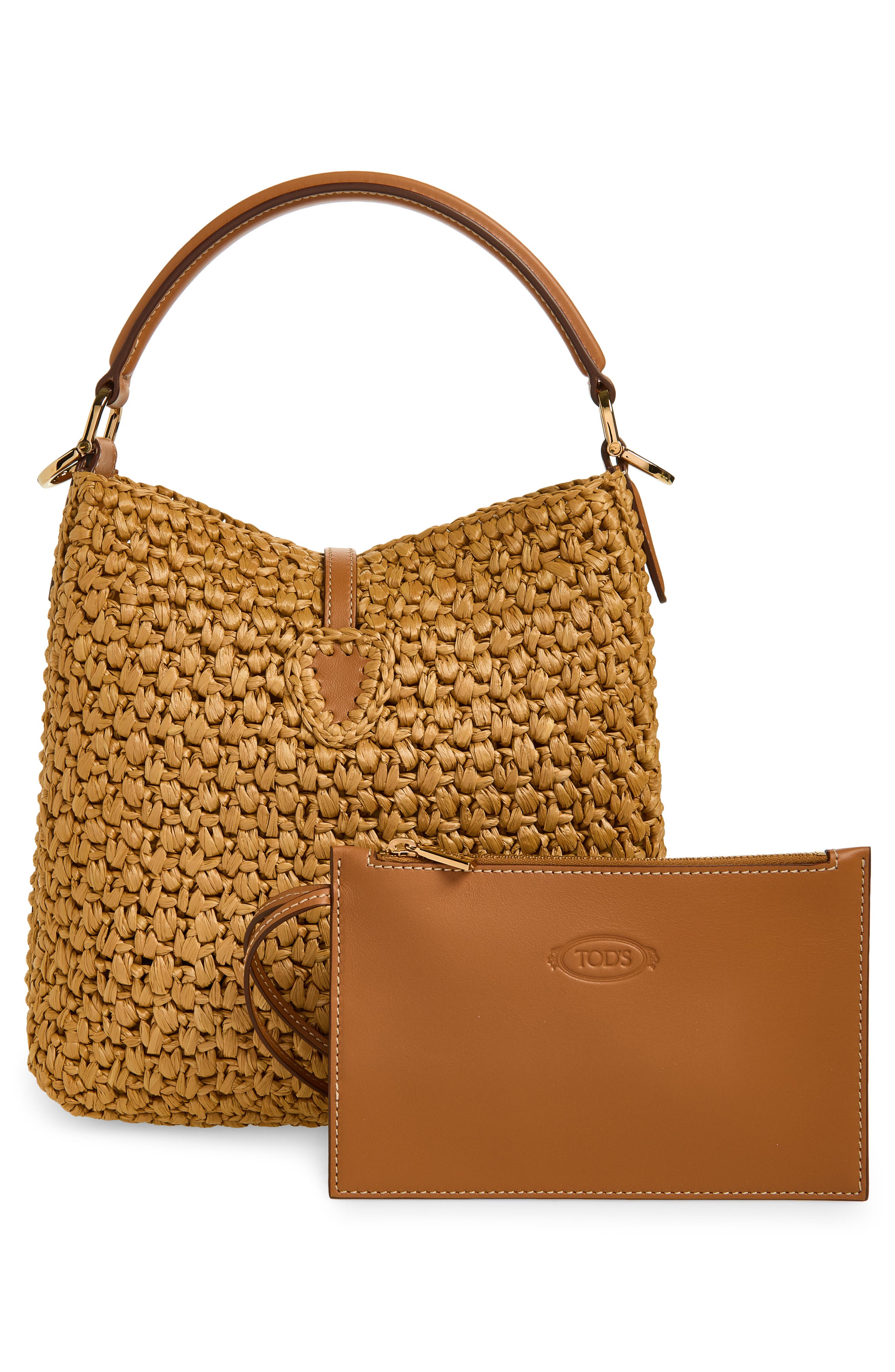 Tod's T Timeless Crochet Raffia & Leather Bucket Bag, Alternate, color, Naturale/ Kenia