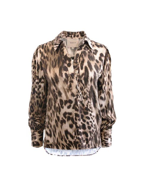 Theo The Label Danae Leopard Print Henley Shirt In Animal Print
