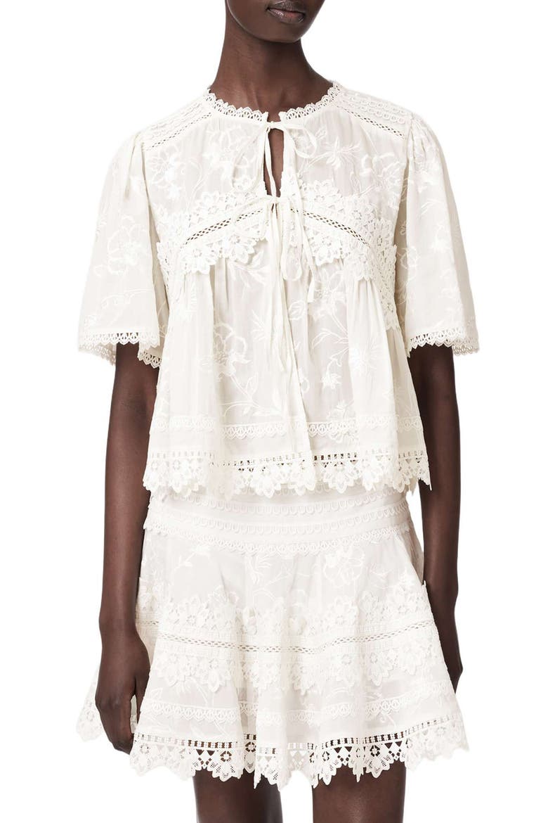 Lillith Floral Embroidered Lace Trim Tie Front Top, Main, color, DOVE WHITE