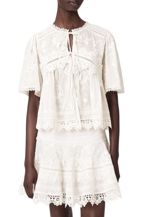 Lillith Floral Embroidered Lace Trim Tie Front Top
