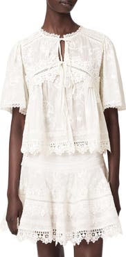 AllSaints Lillith Floral Embroidered Lace Trim Tie Front Top