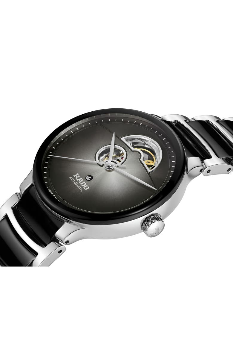 RADO Centrix Open Heart Automatic Ceramic Bracelet Watch, 39.5mm, Alternate, color, Black